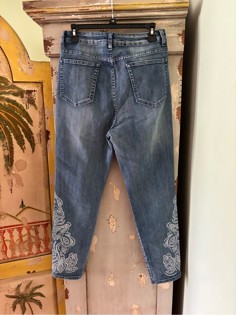 Soft Surroundings Indigo Ankle Jeans with White Embroidered Cuffs - Picture 7 of 10